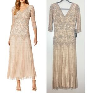 PISARRO NIGHTS DRESS 2 TAN BEIGE GOWN MOB FALL EVENING LONG FORMAL SEQUIN BEADED